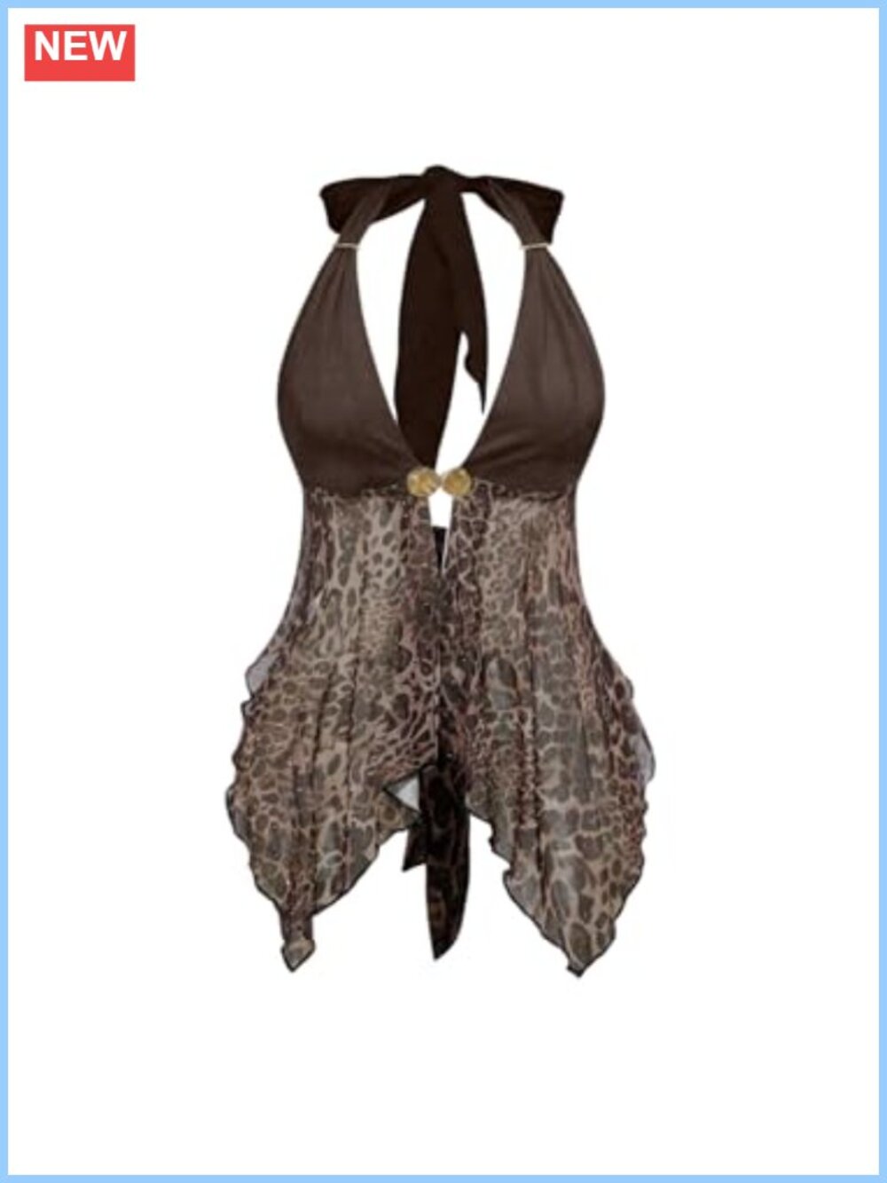 Women's Leopard Mesh Halter Top Y2K Asymmetrical Going Out Club Festival